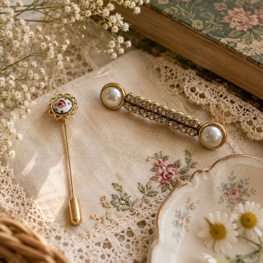 Vintage Brooch Pin Lot of 2, Faux Pearl Rhinestone Bar Pin, Floral Stick Pin